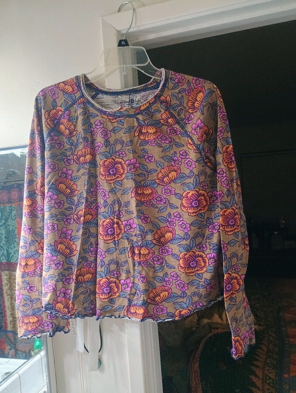 NATURAL LIFE Beige Floral Long-Sleeve Top with Orange and Pink Blooms